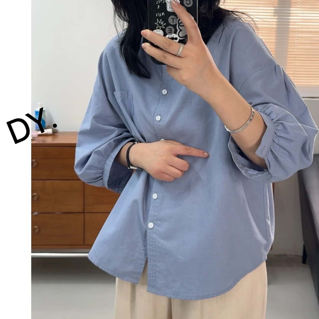 DY【天真】 定制面料～高品质亚麻翻领纽扣七分袖衬衫