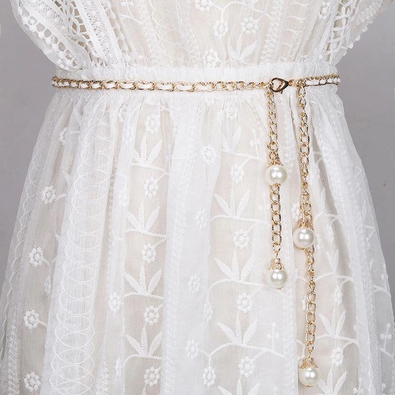 腰链夏天连衣裙腰带女款珍珠装饰百搭配裙子女士高端时尚皮带裙带