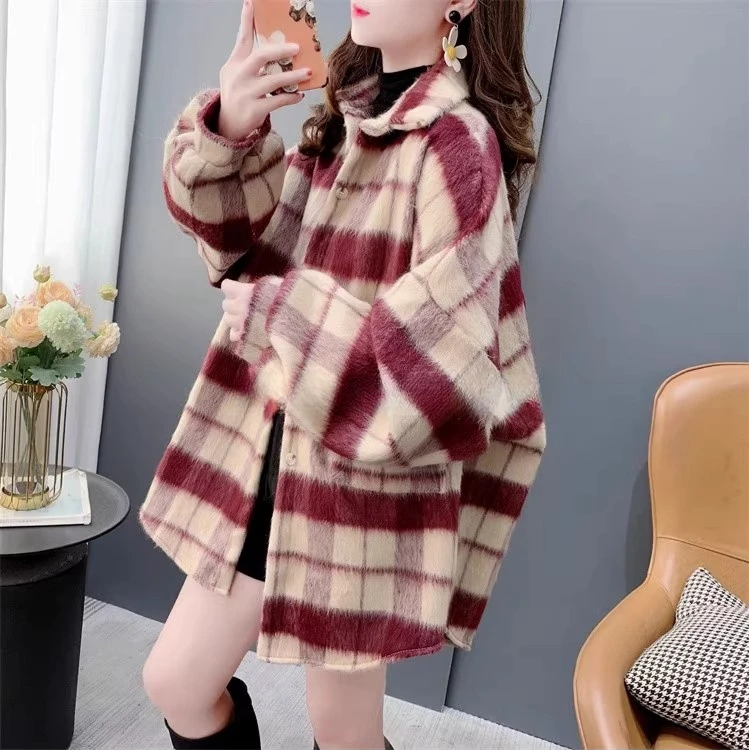 2025小香风格子毛呢外套衬衫女宽松休闲宽松显瘦高级感秋冬款