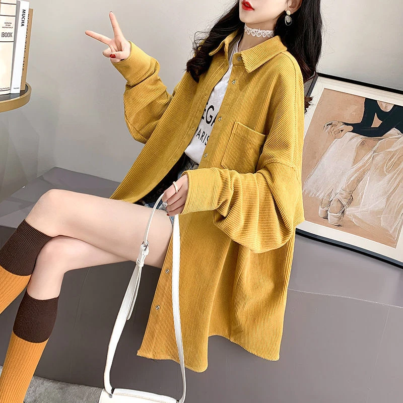 灯芯绒衬衫女复古港风2025春季新款韩版宽松百搭洋气中长款上衣潮