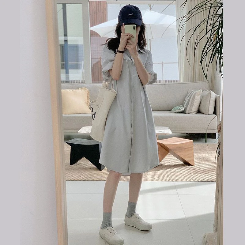 棉麻短袖衬衫连衣裙女2024夏季新款韩版宽松简约显瘦过膝中长裙子
