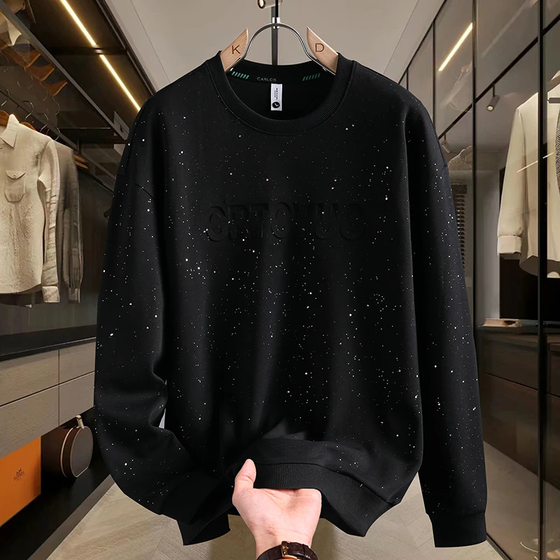 男士卫衣t恤男装长袖圆领字母烫钻纯色套头秋季上衣时尚百搭潮流