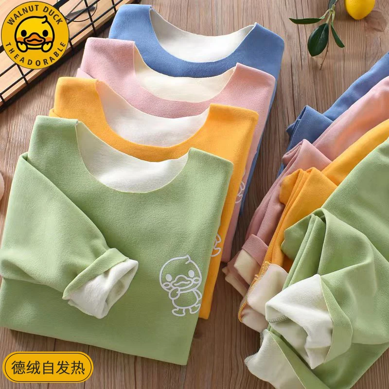 小黄鸭德绒儿童保暖内衣套装男童无痕加绒秋冬中大童自发热女童