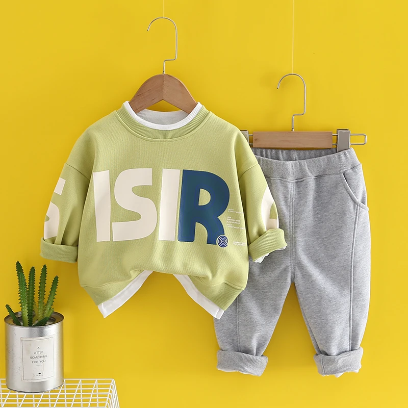 2024春季新款假两件字母印花儿童卫衣裤子两件套潮小童运动两件套