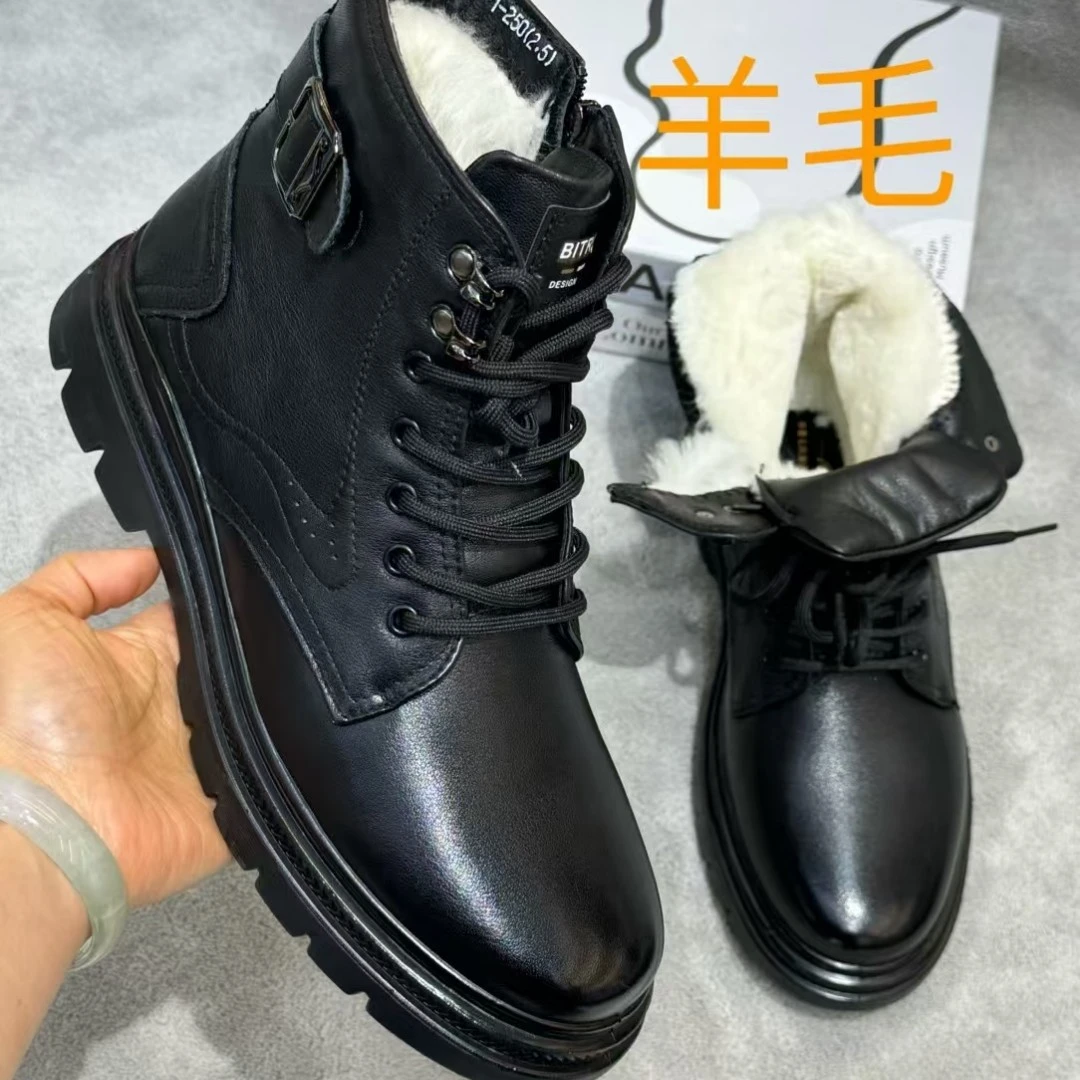 男式新款冬季羊羔毛加厚保暖光面牛皮轻便软弹拉锁牛皮马丁靴