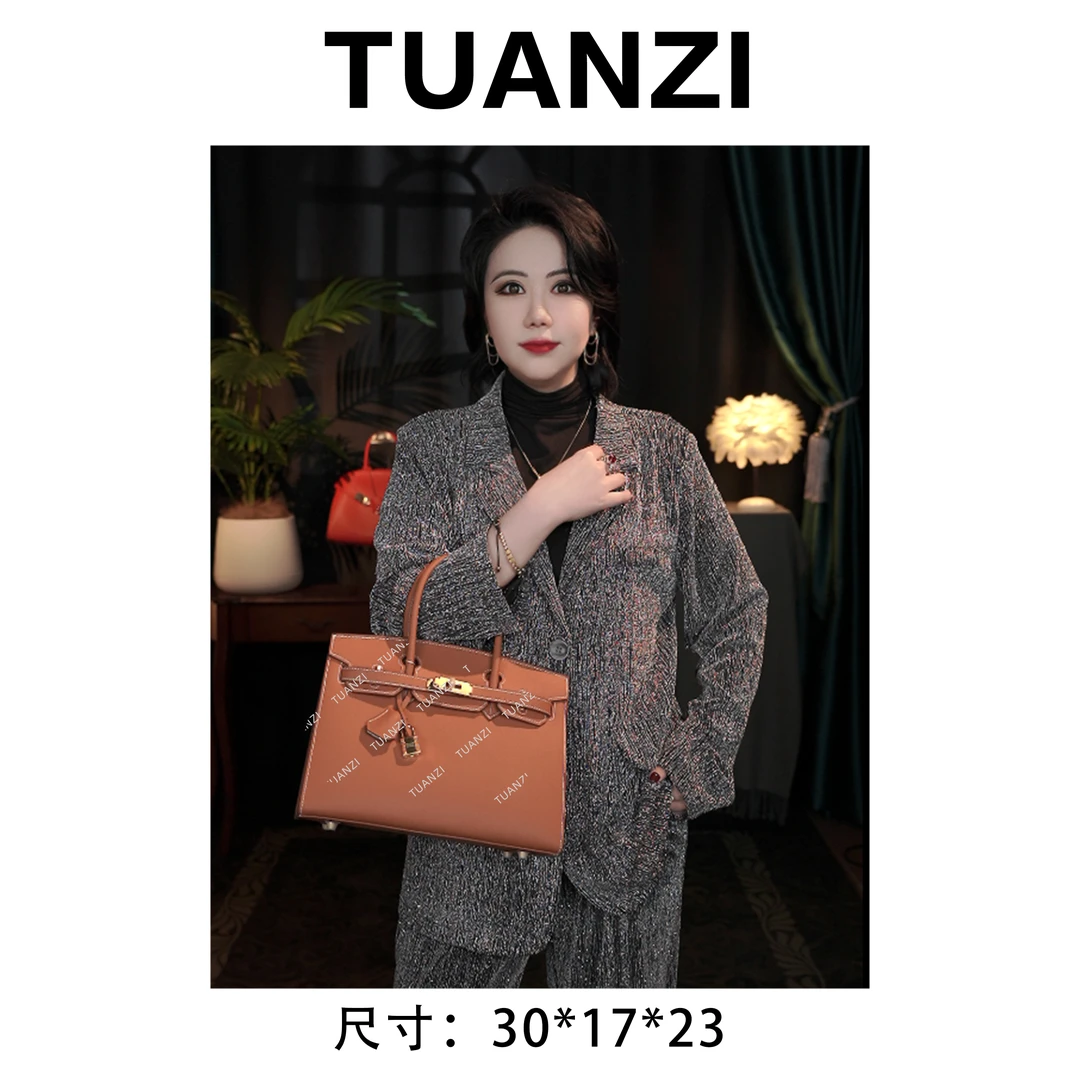 【限·定】铂30经典款头层EP牛皮金扣手提女包 XKY-1158-棕色