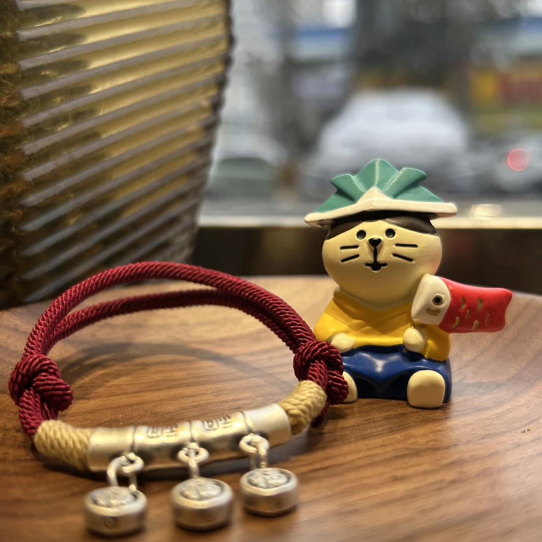 足银银制品 时尚999足银3D硬银 民族风福字弯管流苏圆福编绳手串