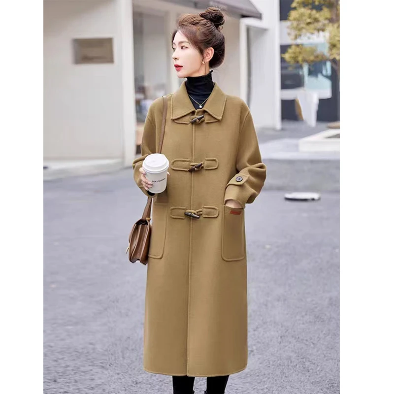 牛角扣双面羊毛大衣女中长款2025秋冬新款宽松高级感时髦毛呢外套