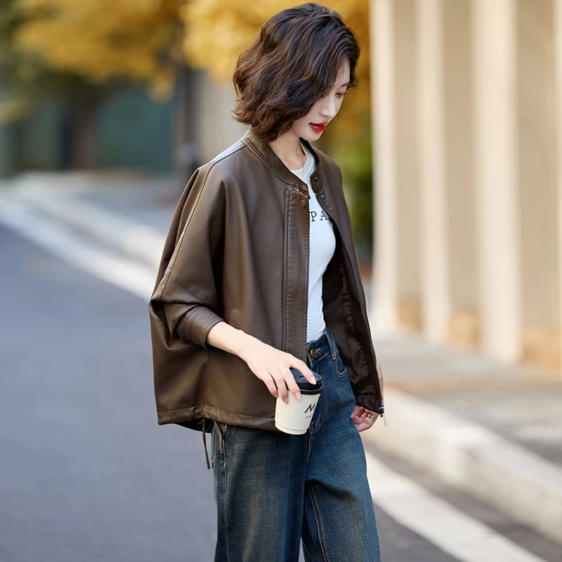 美拉德皮衣外套女2025新款春秋短款宽松休闲复古PU皮机车夹克上衣