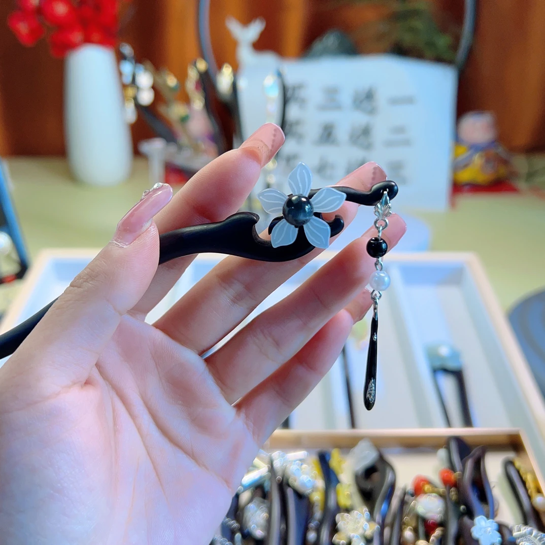 醉花阴黑檀木发簪古风百搭气质古典日常中式手工步摇国风发簪子