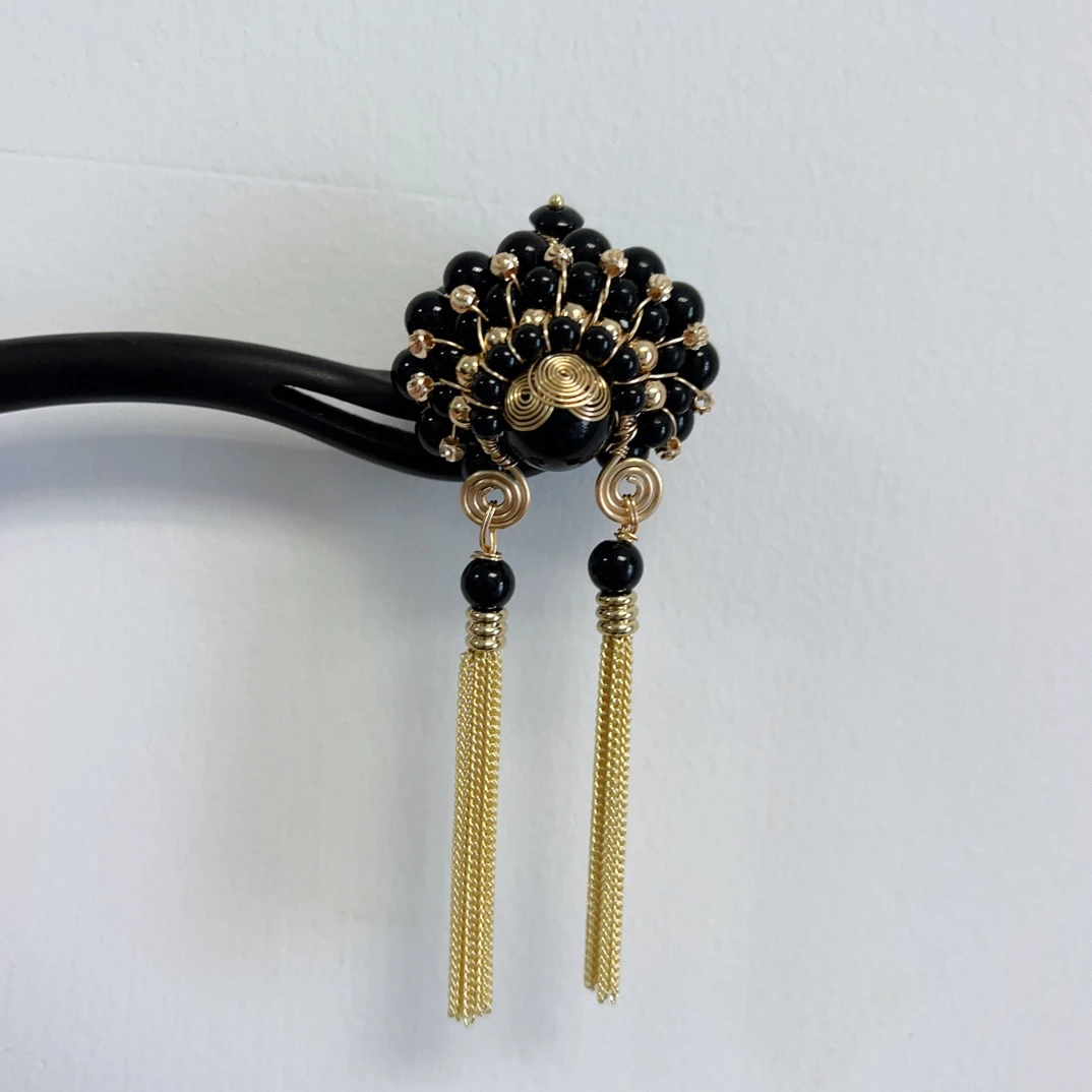 18厘米黑檀木发簪国潮风刀马旦脸谱暗黑系黑色流苏国风新中式