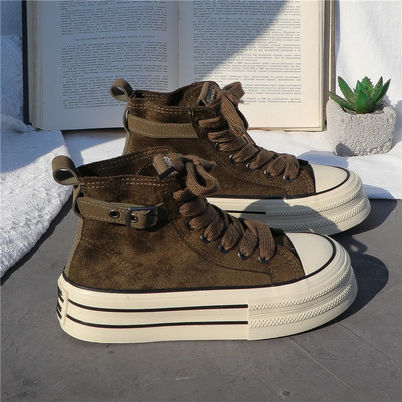 高帮帆布鞋女休闲厚底2025春秋韩版百搭爆款学生chic板鞋子ins潮