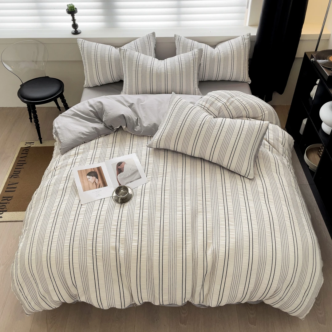 小玲子家纺 巴特系列  全棉四件套三件套 简约双面条纹被套 轻奢
