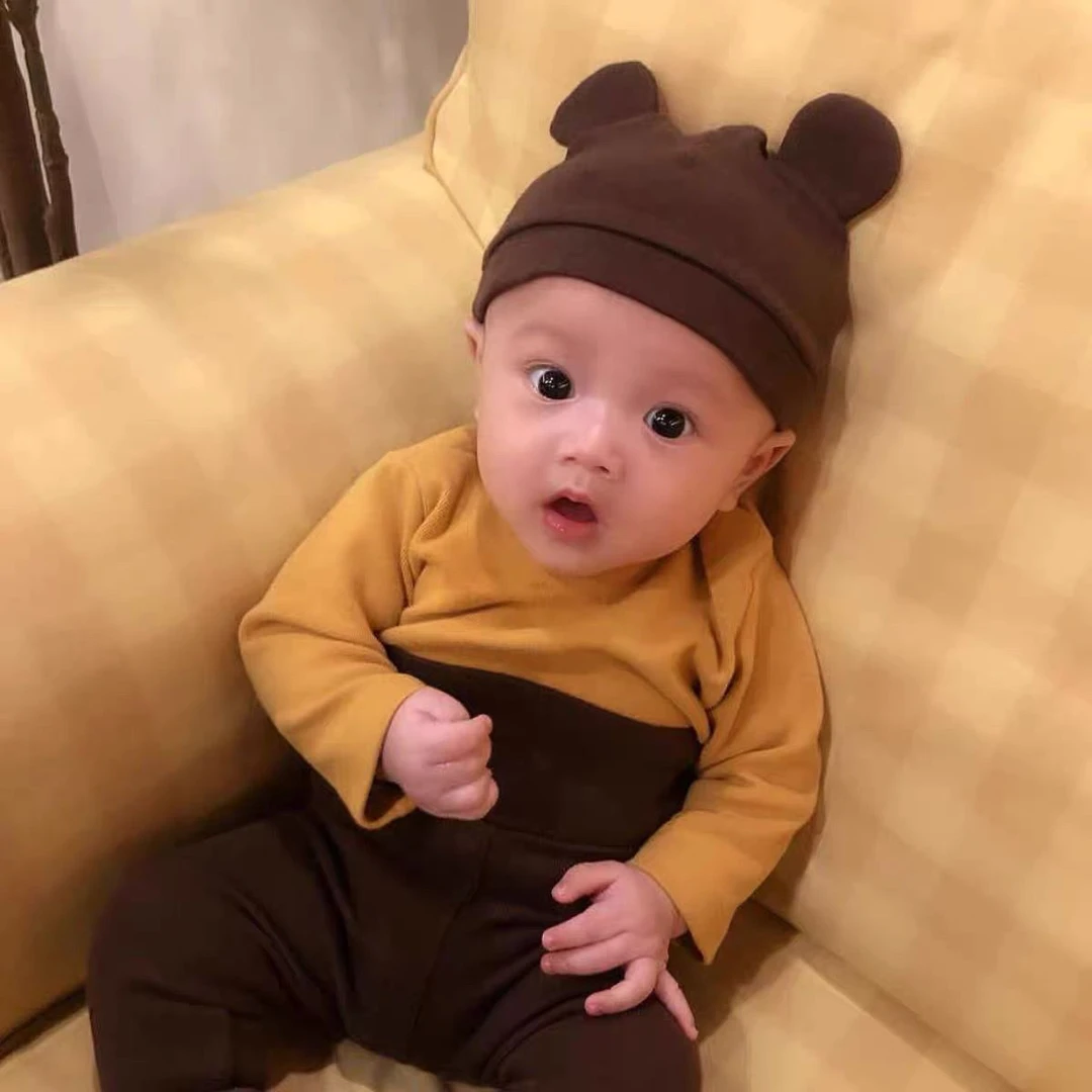 [蕊]婴儿帽子春秋ins韩国新生儿宝宝超萌可爱护卤门春季小熊套头