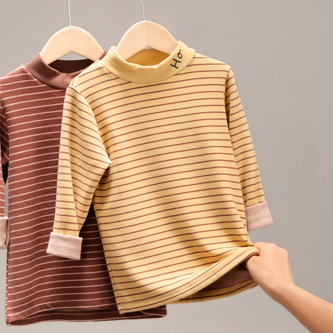 秋冬儿童保暖内衣男童德绒条纹半高领秋衣中大童加厚打底衫 z011a