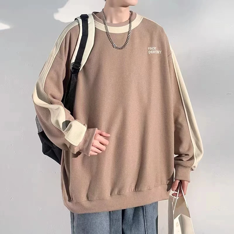 W330 华夫格圆领卫衣男春秋季潮流宽松高中学生大码胖子男潮卫衣