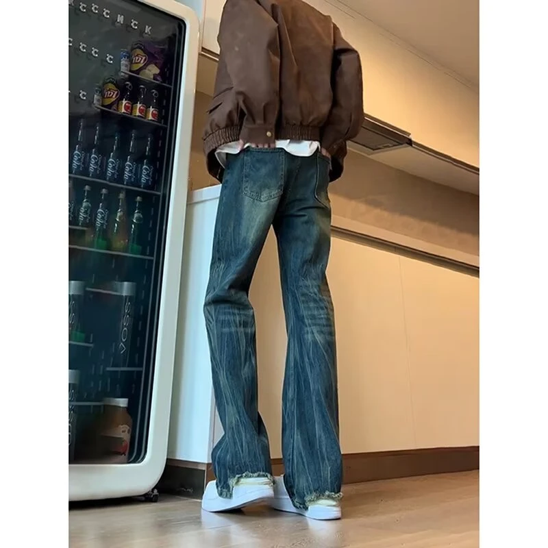 X191 美式复古vibe裤子男高街春季微喇黄泥色直筒牛仔裤