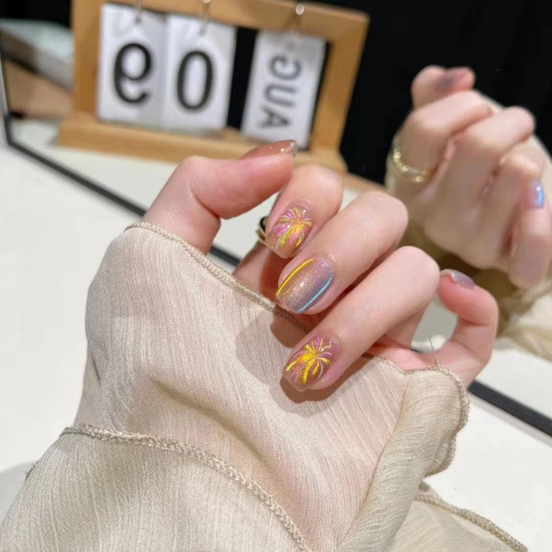 短款穿戴美甲贴片双色猫眼指甲贴片烟花网红秋冬款高级假指甲贴片