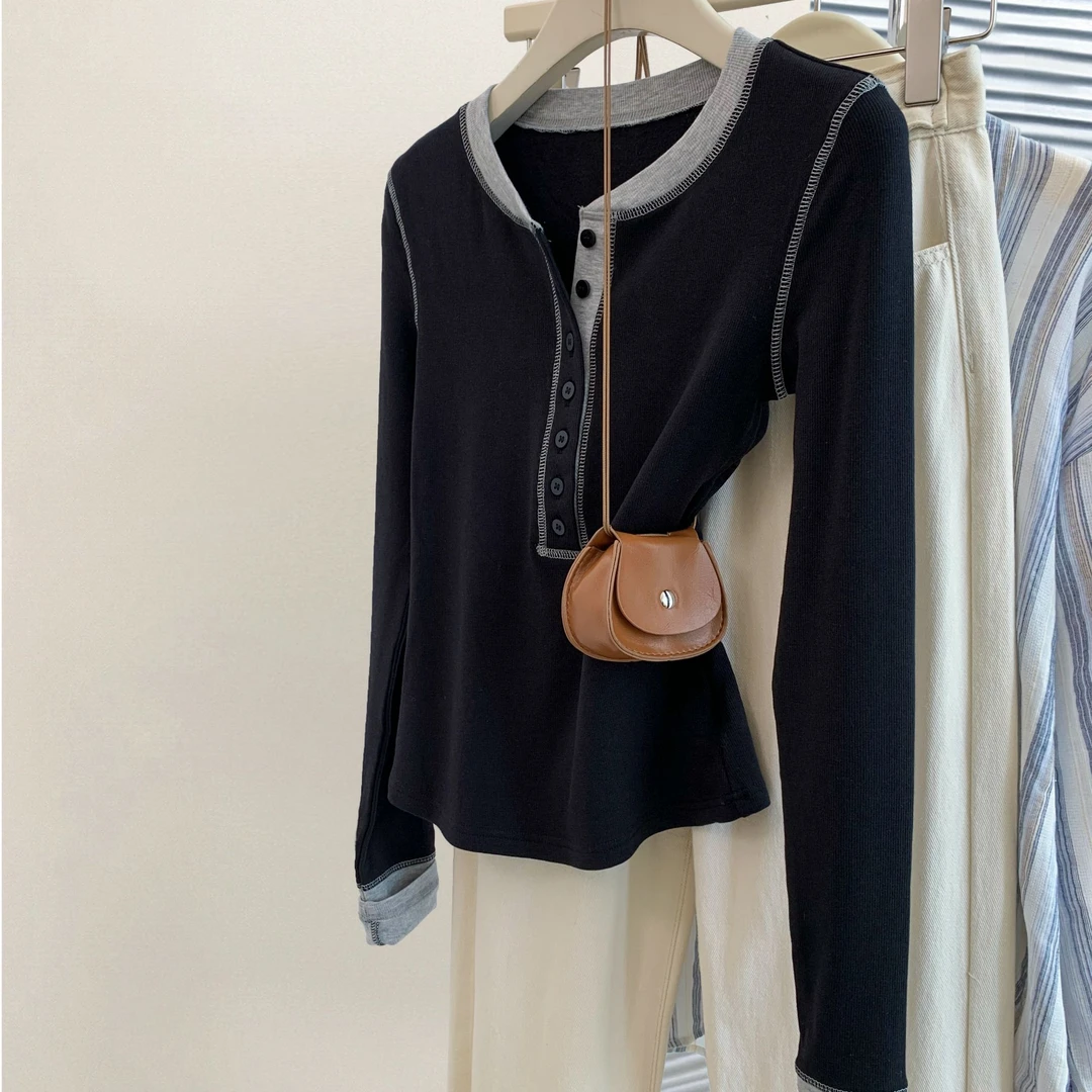 黑色假两件正肩长袖t恤女早秋春秋修身高级感针织内搭打底衫上衣