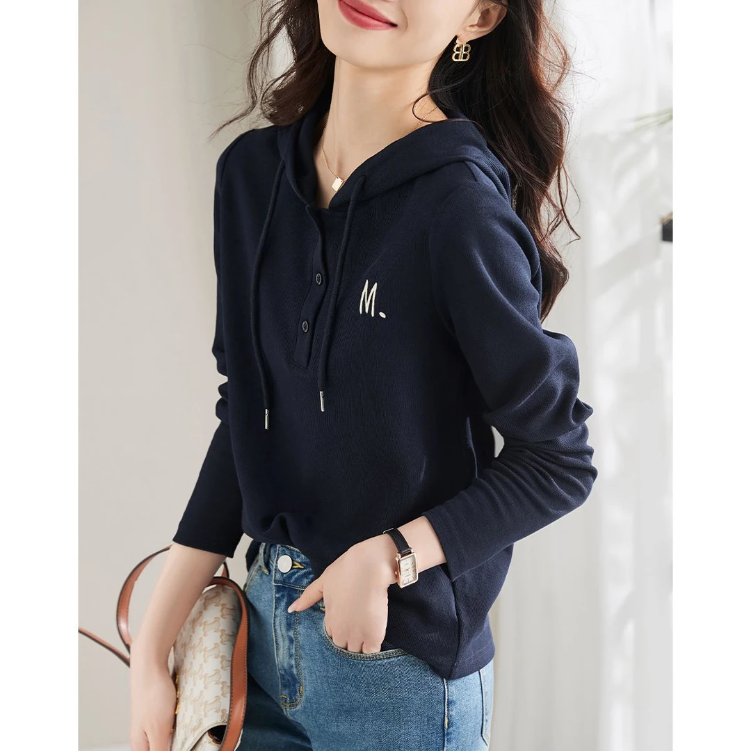 设计感长袖T恤女春装新款韩版时尚字母刺绣连帽百搭修身显瘦上衣