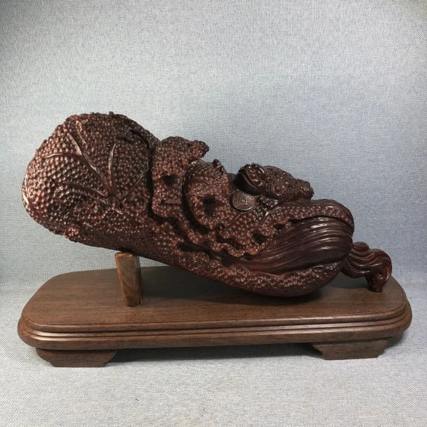 3YY205小叶紫檀白菜摆件，长宽高:34/21/9.4，净重：约3230g（带底座）