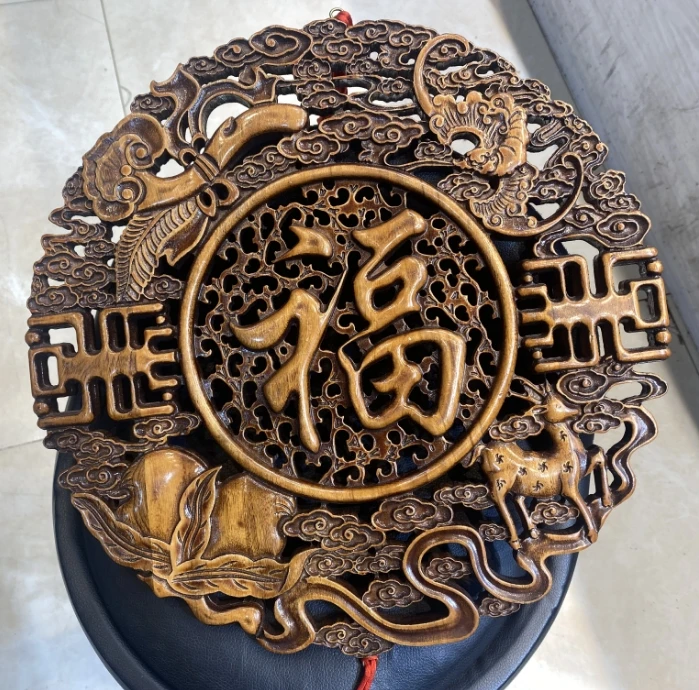 香樟木福牌精雕挂件客厅玄关装饰木雕工艺品