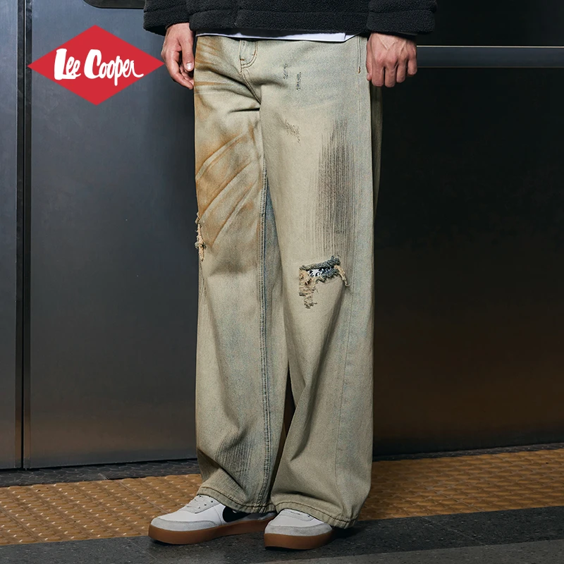 LEE COOPER百搭牛仔裤2024新款美式潮流高街宽松破洞休闲牛仔裤男