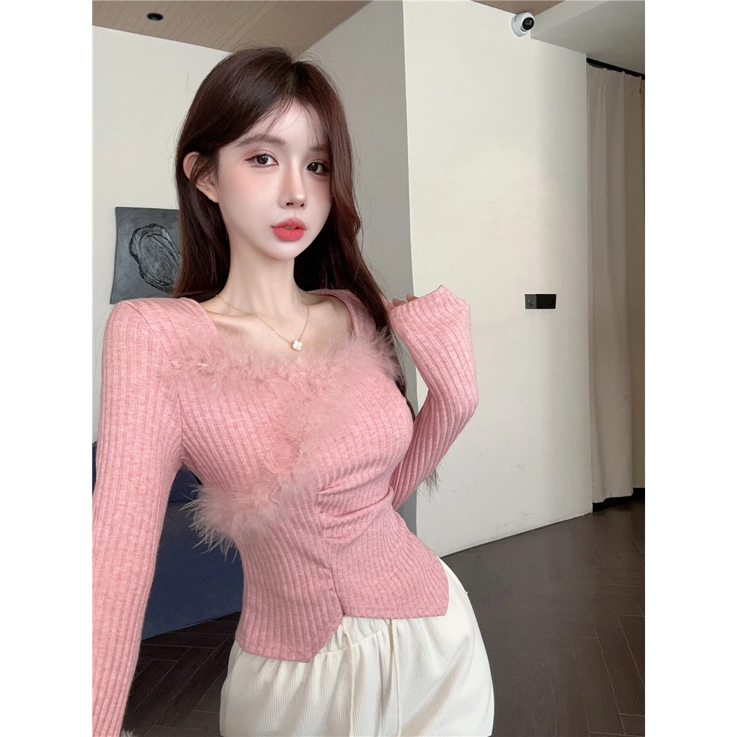 时尚甜美辣妹复古气质方领长袖毛毛拼接设计感减龄百搭打底衫女装