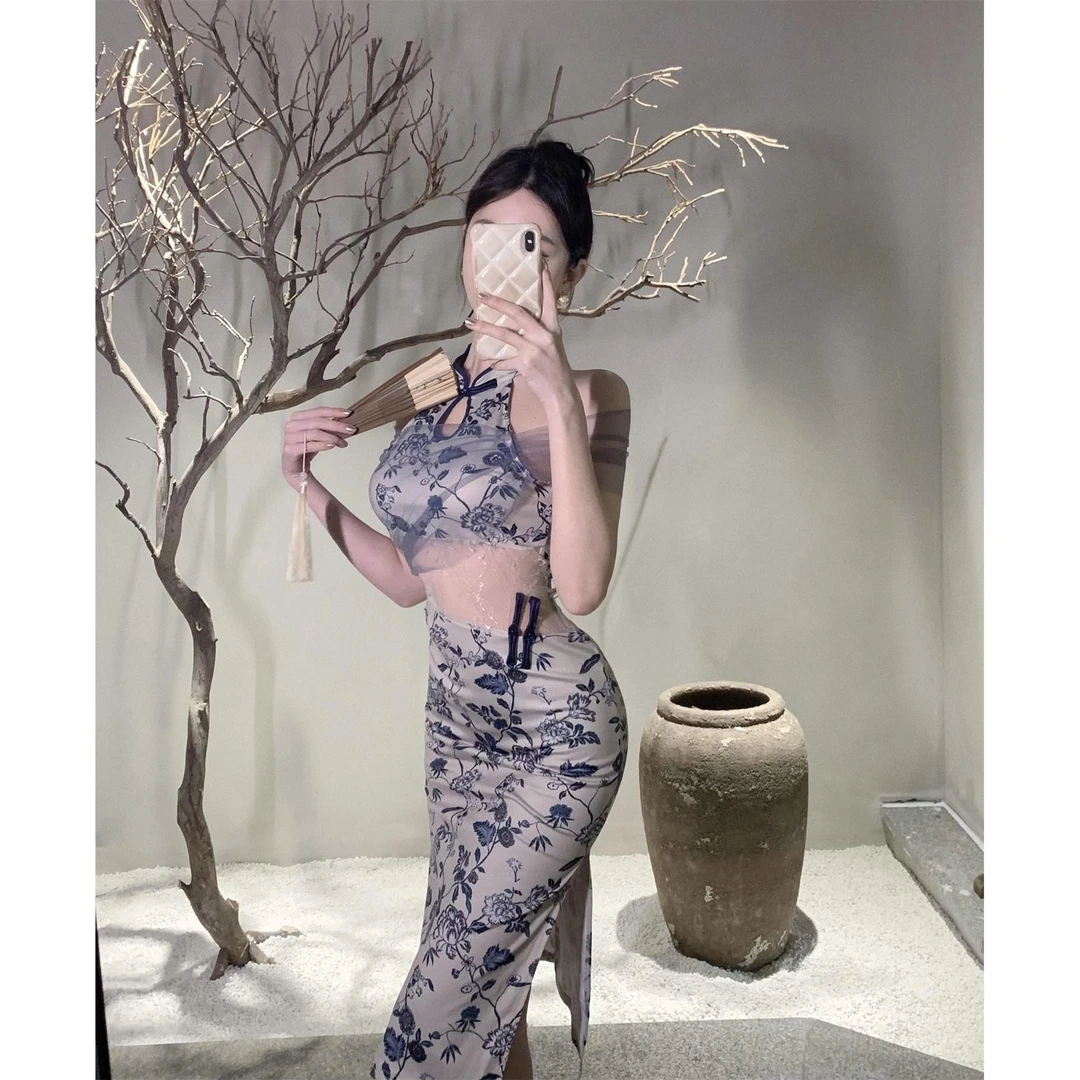 改良版旗袍性感新款法式气质修身蕾丝拼接复古开叉礼服连衣裙女装