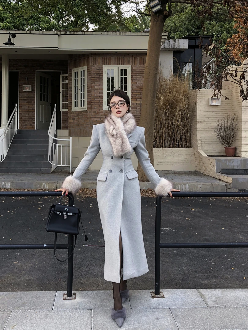 韩版夹棉沙漏收腰长款秋冬季长款气质高级呢子大衣毛领时尚套装女