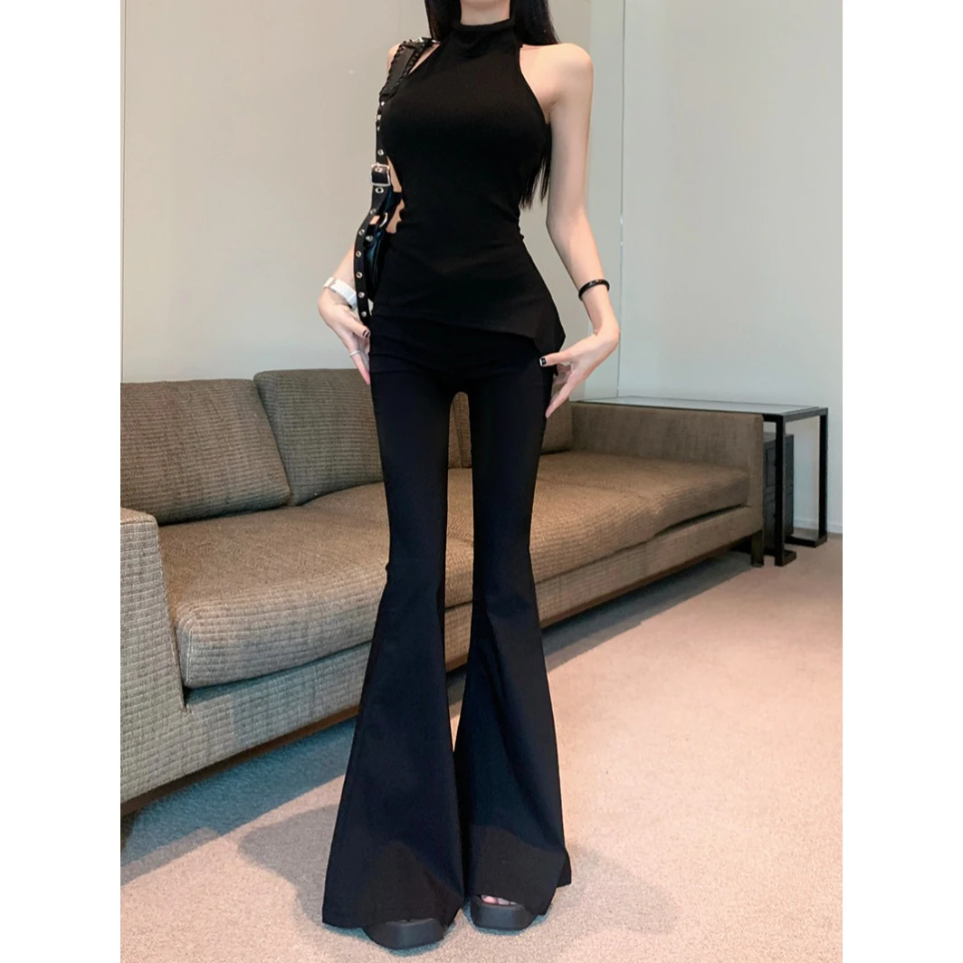 韩版辣妹气质设计感百搭无袖背心薄款休闲裤阔腿喇叭长裤两件套女