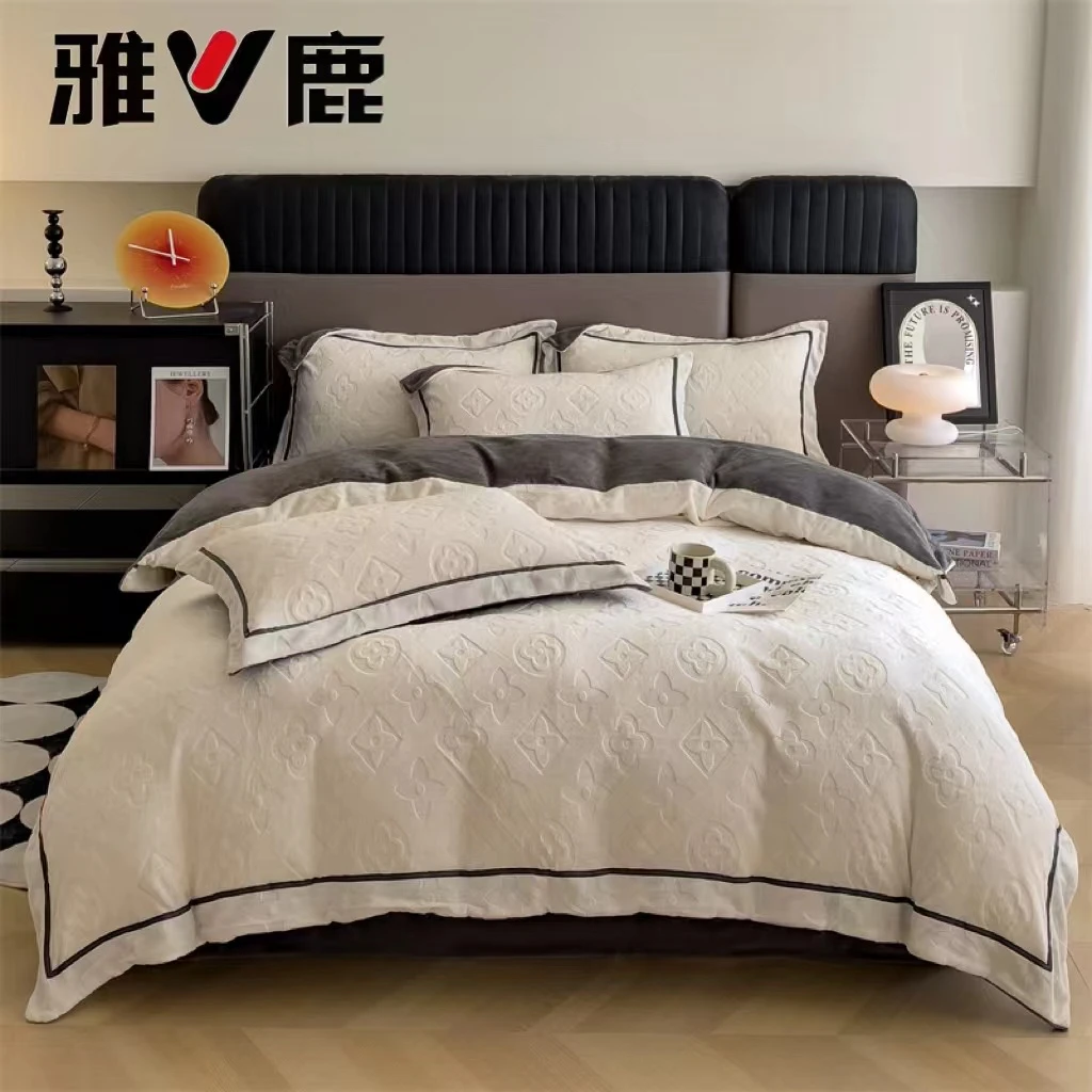 V/雅鹿高克重A类立体雕花四件套轻奢风双面绒牛奶绒四件套双面绒