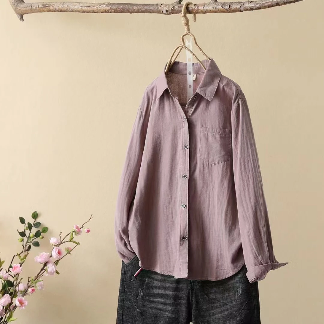 2023新款衬衣女款小尖领木扣文艺风双层棉纱休闲长袖衬衫纯色百搭