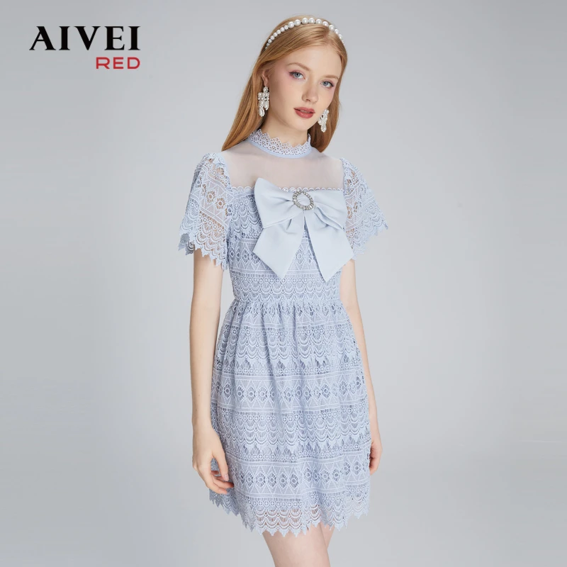 AIVEI艾薇夏季新蝴蝶结透视网纱仙女蕾丝连衣裙P0360079