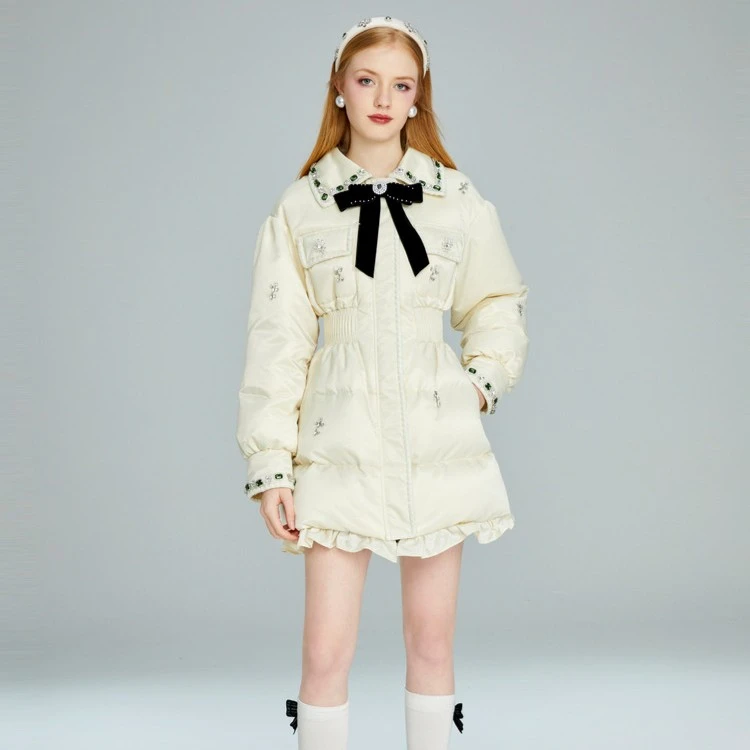 【热力感】AIVEI冬新华丽水钻收腰保暖荷叶边羽绒服 P0560198