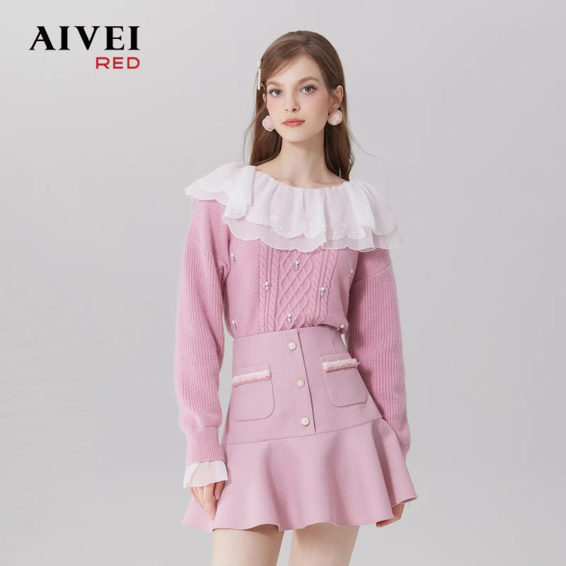 【芭比系列】AIVEI艾薇新浪漫荷叶领绞花套头针织衫 Q0560143
