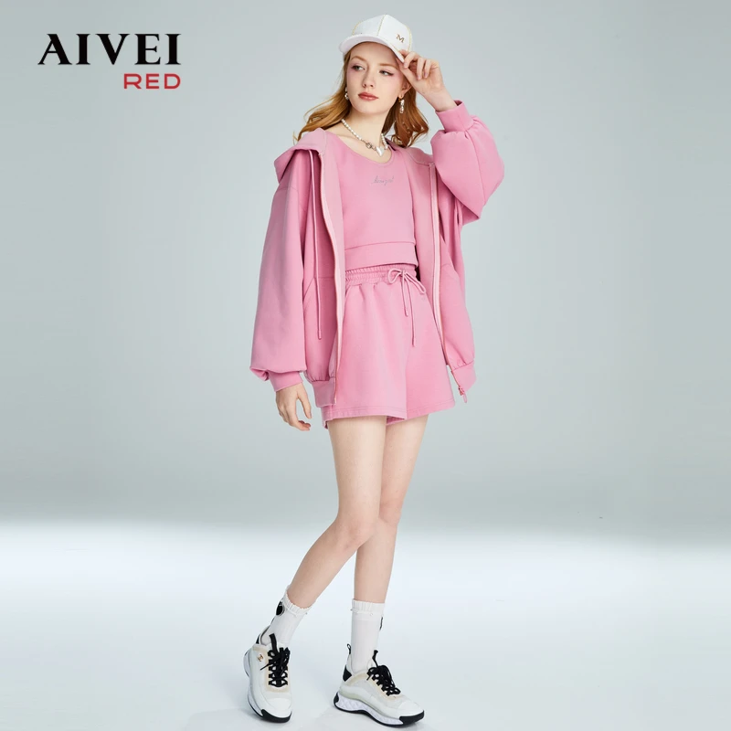 AIVEI艾薇短款背心休闲连帽开衫收腰卫衣外套短裤三件套P0560150