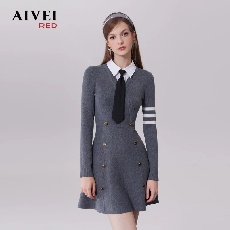 【女高系列】AIVEI艾薇格雷系秋英伦学院风显瘦针织连衣裙 Q0560168