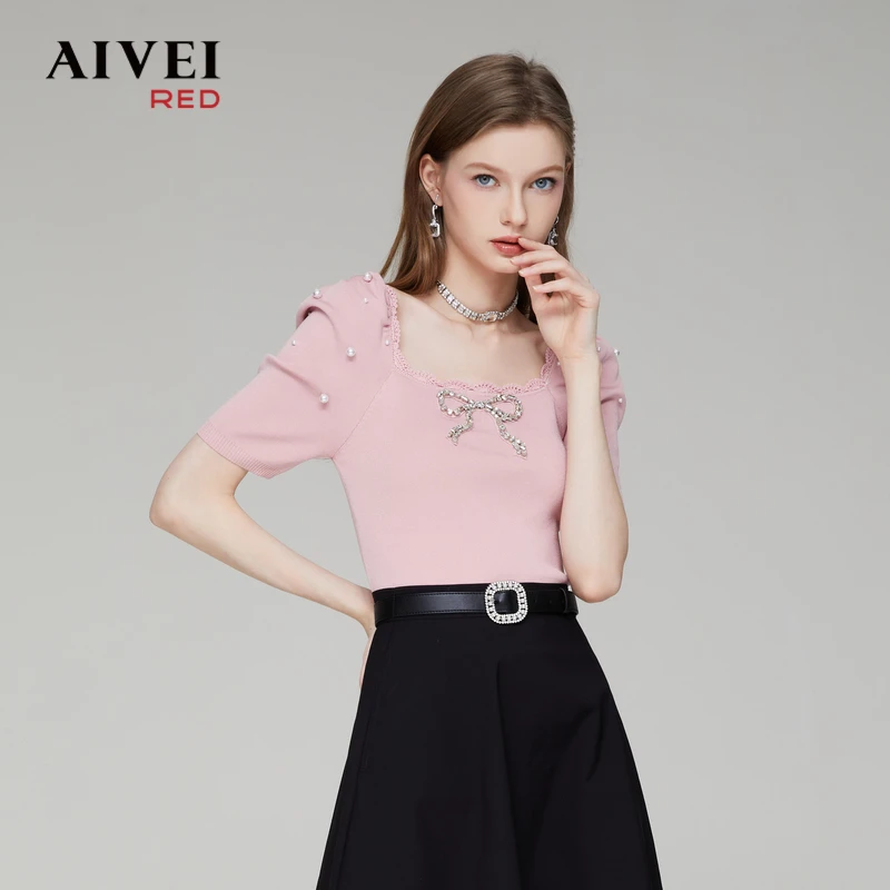 AIVEI艾薇夏季新甜美千金女神方领泡泡袖针织衫上衣 Q0360061