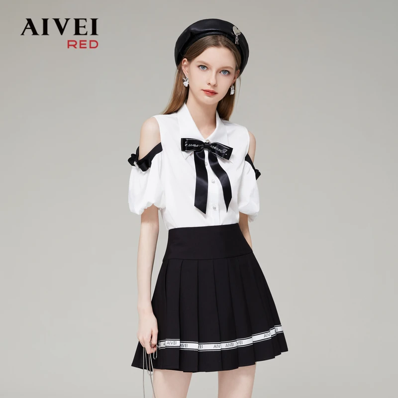 AIVEI艾薇夏季新日系学院挖肩衬衫百褶裙套装白色jk Q036S072
