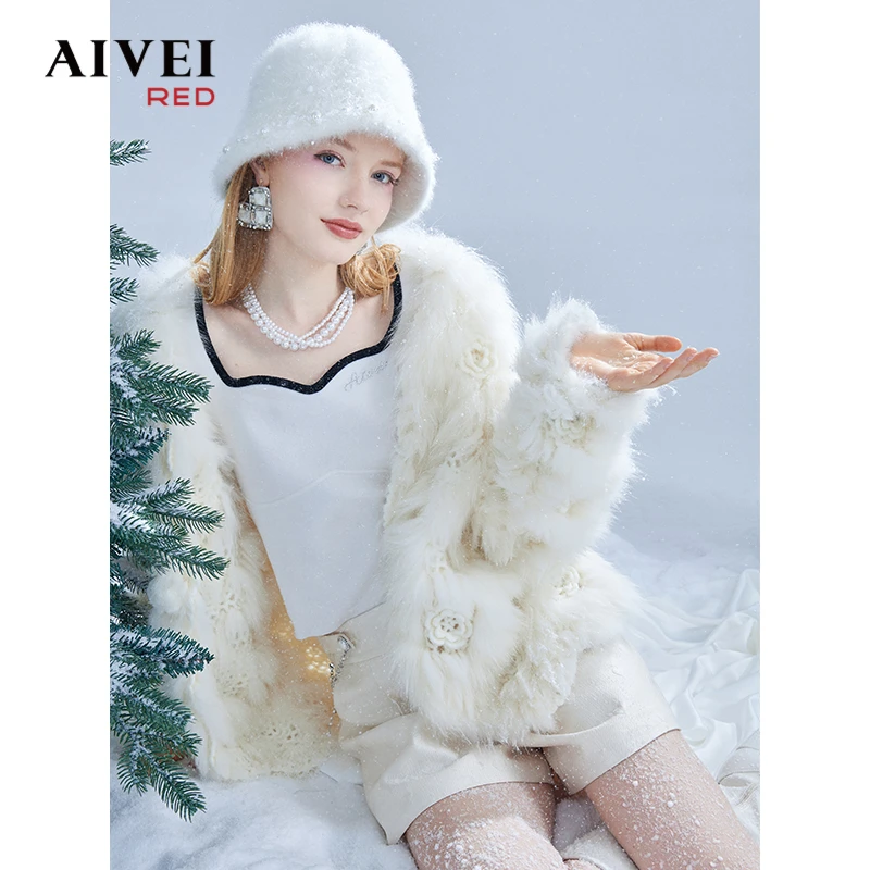 AIVEI艾薇冬季新镂空针织编织狐狸毛外套女P066S100