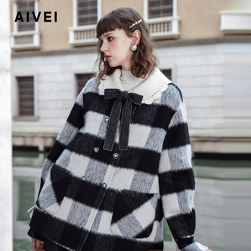 AIVEI欣贺艾薇冬气质感羊驼毛混纺黑白格双面呢大衣R767301A