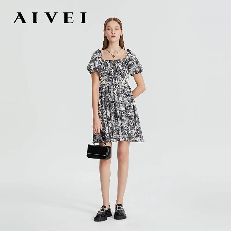 AIVEI欣贺艾薇夏季新法式气质收腰印花显瘦女装连衣裙P720201A