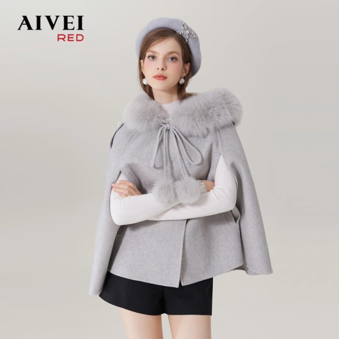 AIVEI艾薇狐狸毛领双面斗篷呢大衣女士披肩Q0560096