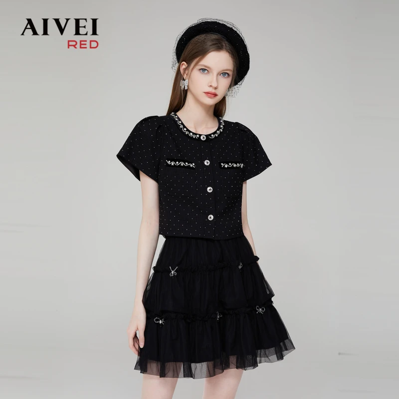 AIVEI艾薇夏季新名媛小香风水钻单排扣短款短袖外套女装Q0360059