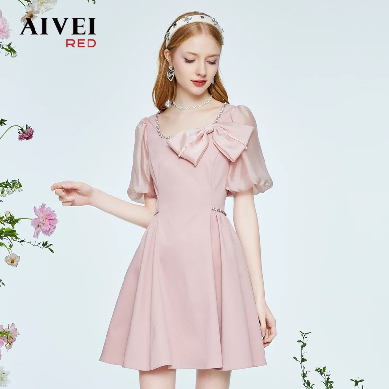 AIVEI缝钻方领蝴蝶结高腰小众抽褶法式收腰时尚连衣裙P0360050