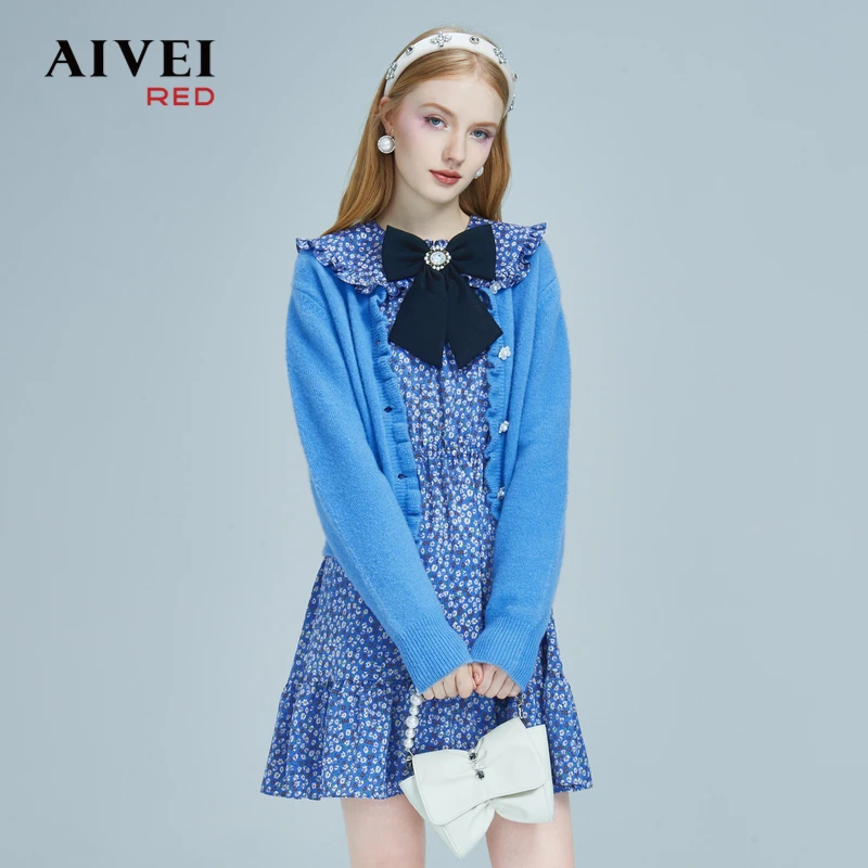 AIVEI艾薇娃娃领碎花连衣裙针织小香风洋气开衫套装春游P0660013
