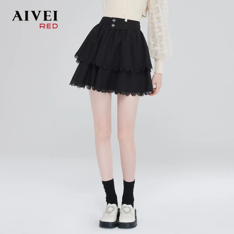 【不上】AIVEI艾薇新仙女风高腰A字雪纺蓬蓬裙黑色短裙显瘦半身裙Q0