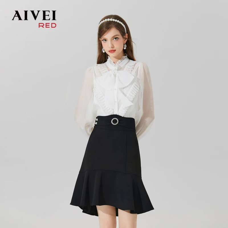 AIVEI艾薇宫廷名媛风小众显瘦蝴蝶结雪纺衬衫 Q0560027