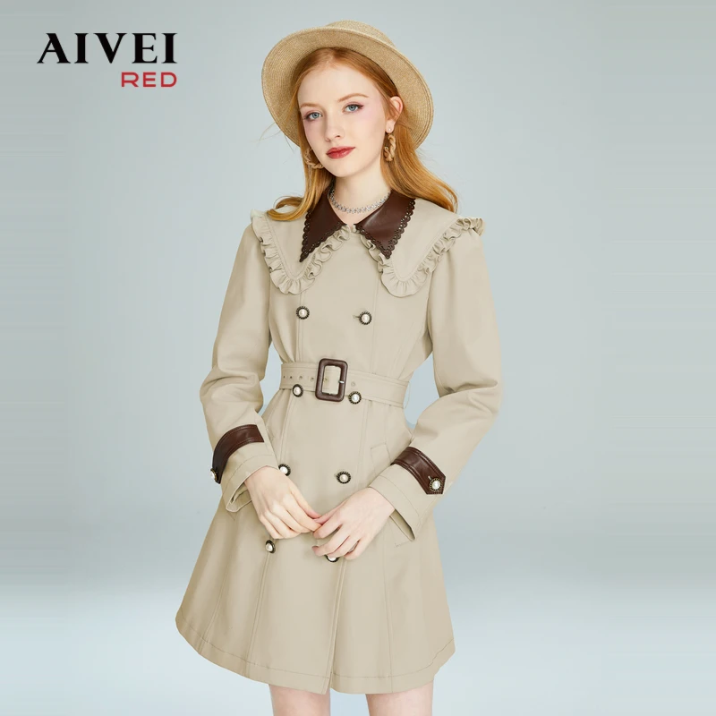 AIVEI艾薇秋新法式拼皮双层领收腰中长英伦风风衣外套P056S123